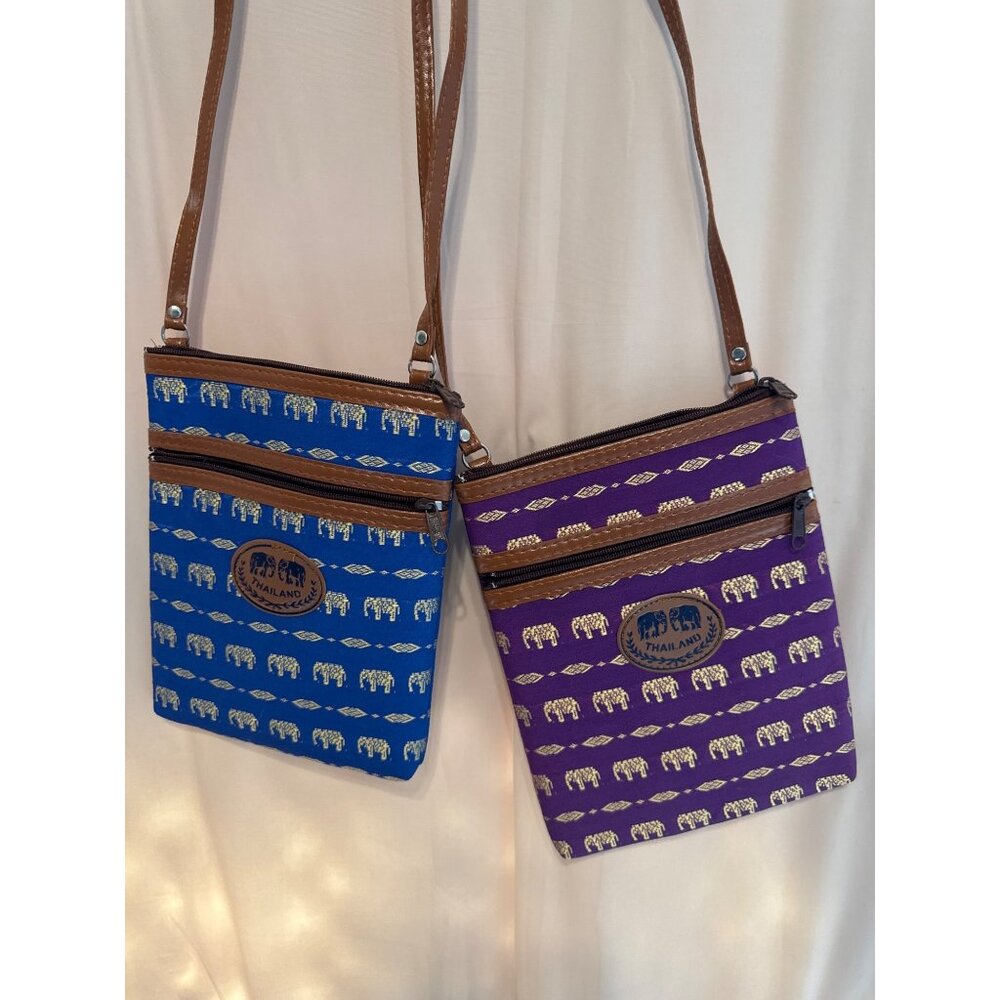 TWO New Thailand Elephant Motif Crossbody Bags Purple & Blue